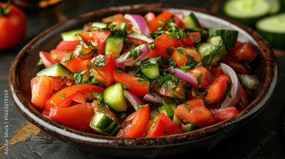 Colorful salad with fresh ripe tomatoes, cucumbers, sliced onion and aromatic coriander drizzled of wine vinegar and olive oil. Georgian cuisine appetizer. Colorful salad with fresh ripe tomatoes, cucumbers, sliced onion and aromatic coriander drizzled of wine vinegar and olive oil. Georgian cuisine appetizer.