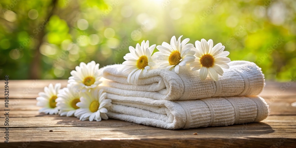 White Towels with Daisies on Rustic Wooden Surface, Spa, Relaxation, Nature White Towels with Daisies on Rustic Wooden Surface, Spa, Relaxation, Nature