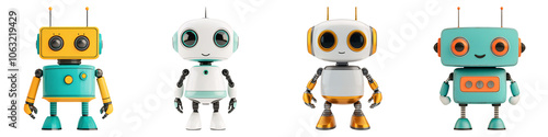 Colorful vintage robots displayed against  on transparent background., showcasing unique designs and facial expressions, embodying a playful, retro aesthetic.