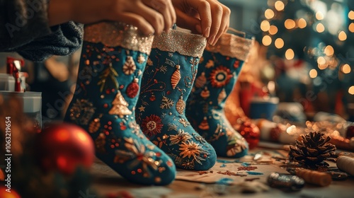 Assembling DIY Christmas stockings with fabric, sequins, and personalized embroidery, in a cozy crafting nook. 4K hyperrealistic photo.