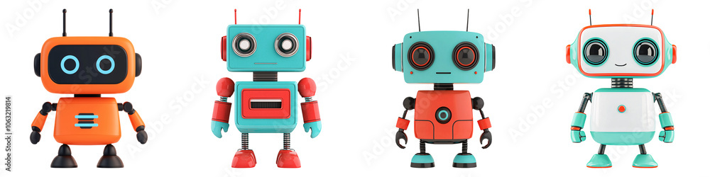 Colorful, cartoonish robots with various designs and expressions, showcasing a playful and futuristic vibe. Colorful, cartoonish robots with various designs and expressions, showcasing a playful and futuristic vibe.