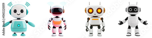 A colorful array of four playful, cartoon-style robots with unique features and expressions set against a white background.