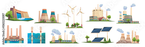 Electricity generation source types. Vector isolated set of solar and water, fossil and wind, nuclear and coal, gas and biomass, geothermal and battery storage. Natural renewable resources