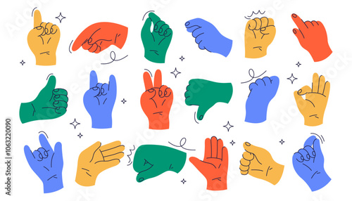 Gestures and hands showing non verbal elements of communication. Vector isolated open palm and rebellion symbols with doodles. Thumb up and down, rock and roll and okay, peace and first up
