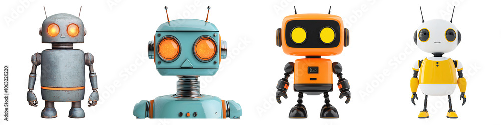 The image features four colorful, cartoon-style robots, each with distinctive designs and expressions, set against a white background. The image features four colorful, cartoon-style robots, each with distinctive designs and expressions, set against a white background.