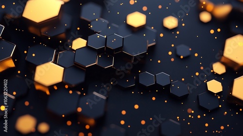 Abstract background with black and gold hexagons and glowing dots.