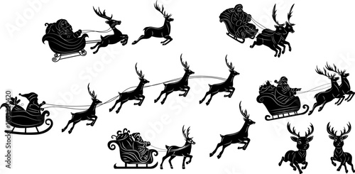 set of santa flying on sleigh silhouette on white background, vector