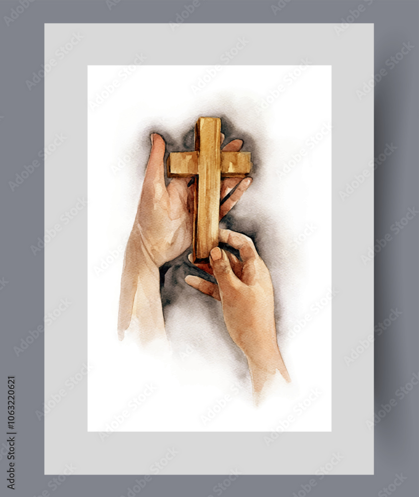 Wooden christian cross or crucifix in hands of believer on print. Watercolor poster. Artwork with symbol of christian religion of person turning to god for help, in frame with decor for wall art