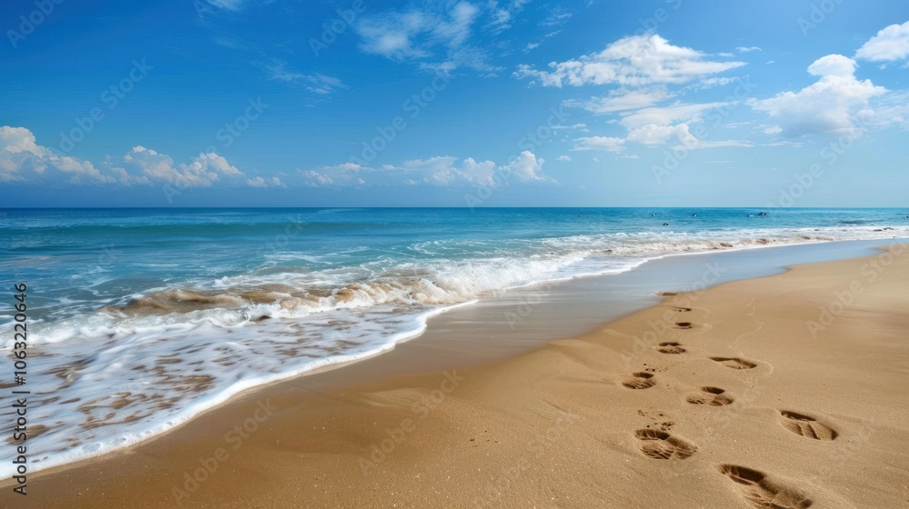 Fresh footprints in the sand leading to the ocean, symbolizing a new path Fresh footprints in the sand leading to the ocean, symbolizing a new path