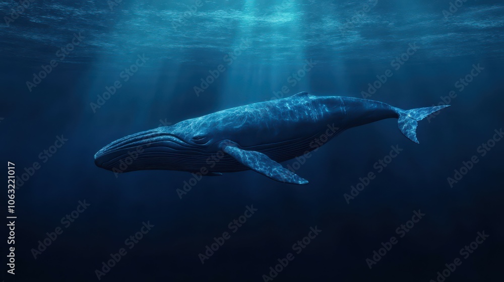 Fototapeta premium blue whale swims alone in the deep ocean