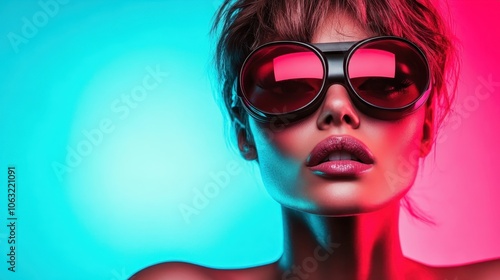 A stylish woman exudes confidence in red circular sunglasses, poised against a striking blue and red backdrop, blending futuristic elements with a retro vibe.