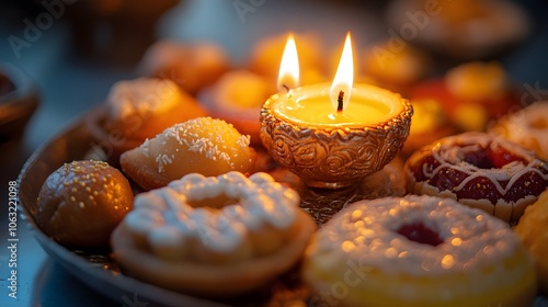 A Golden Diya with Sweet Treats on a Metal Tray photo