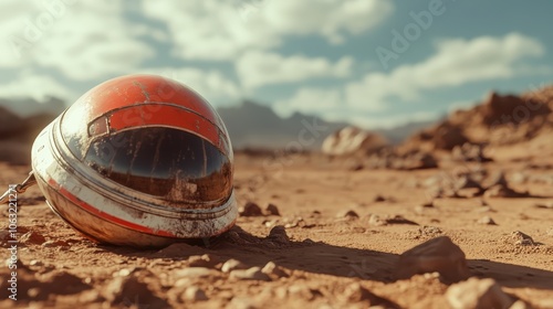 An astronaut’s helmet lies on a dusty, rocky landscape under an open sky, suggesting themes of exploration, isolation, and human presence in desolate terrains. photo