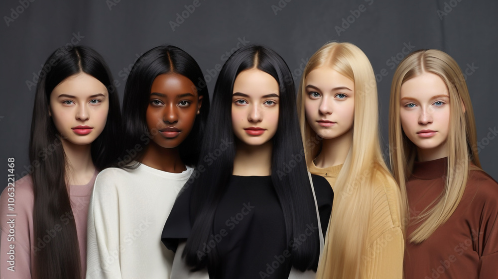 Five women in high-neck shirts, diverse in skin tones and hair colors, against a dark gray background. Five women in high-neck shirts, diverse in skin tones and hair colors, against a dark gray background.