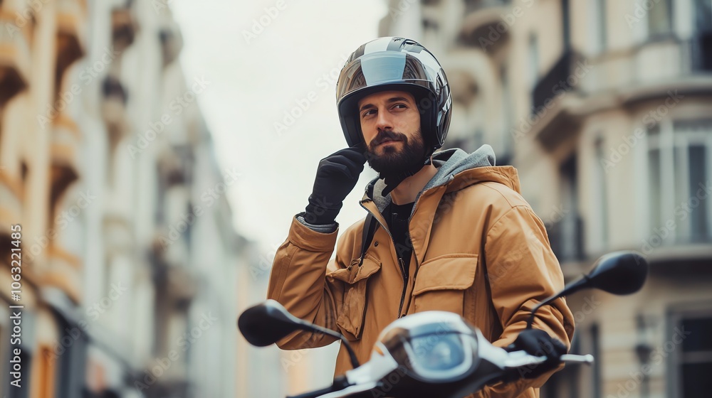 A man wearing a helmet and a backpack getting ready to ride an electric scooter on the city street. A man wearing a helmet and a backpack getting ready to ride an electric scooter on the city street.