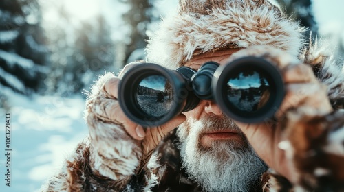 A man clad in fur uses binoculars to peer into the snowy forest landscape, highlighting a sense of adventure and curiosity against the winter wilderness backdrop. photo