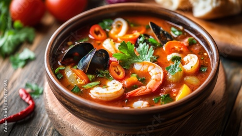 A mouthwatering bowl of spicy seafood soup, rich in colors