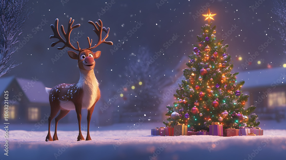 Deer celebrating Christmas and distributing gifts among animals. Deer celebrating Christmas and distributing gifts among animals.