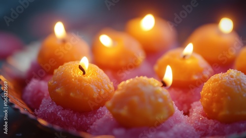 Lit Candles Floating in a Pink, Crystallized Substance