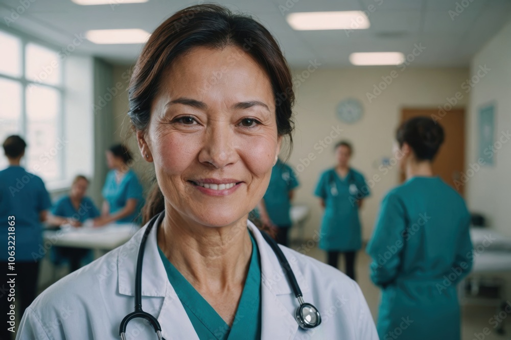 Close portrait of a smiling senior Kazakh woman doctor looking at the camera, Kazakh hospital blurred background Close portrait of a smiling senior Kazakh woman doctor looking at the camera, Kazakh hospital blurred background