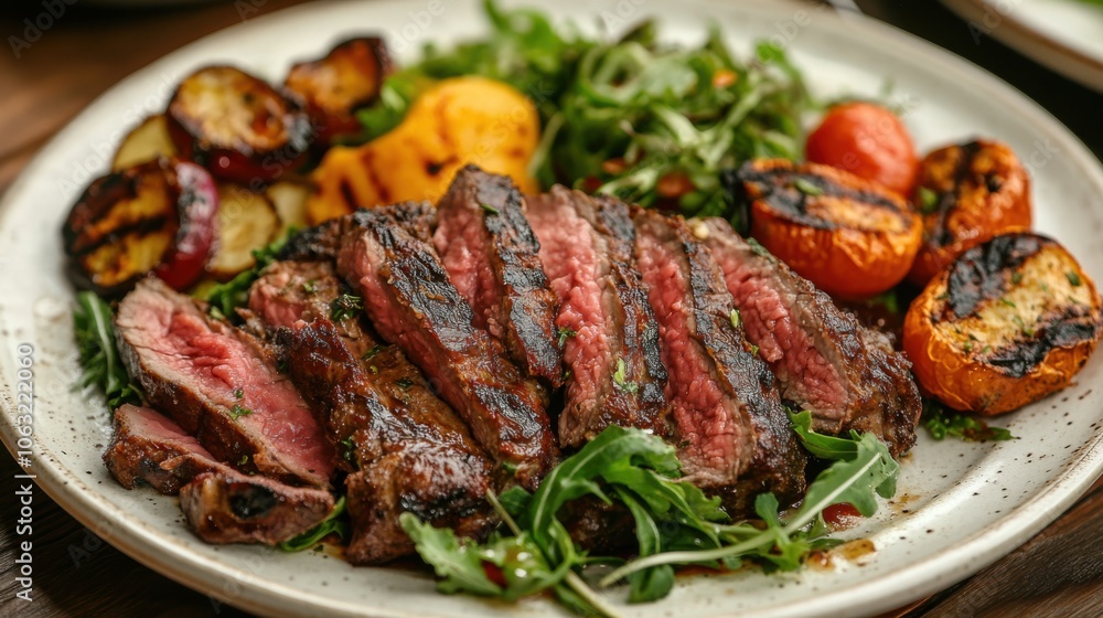 A mouth-watering plate of churrasco, featuring tender slices A mouth-watering plate of churrasco, featuring tender slices