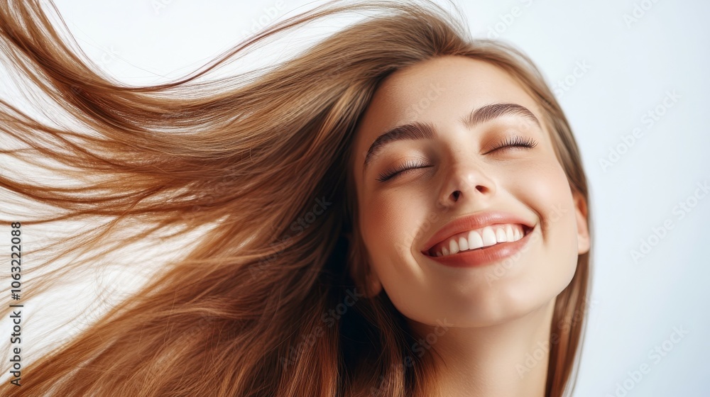 Beautiful smiling woman with long hair flying in the wind on white background. Beautiful smiling woman with long hair flying in the wind on white background.