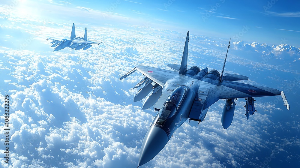 Fototapeta premium Two fighter jets fly in formation above the clouds.