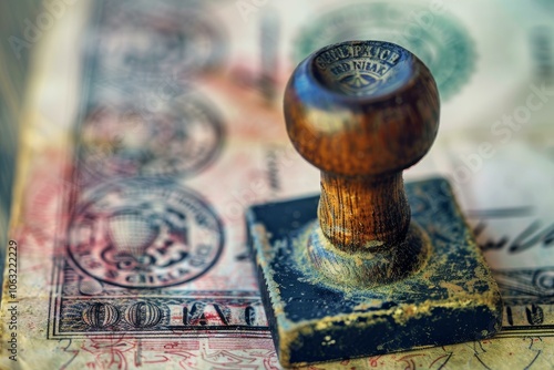 Old wooden rubber stamp standing on top of a banknote covered in ink stamps