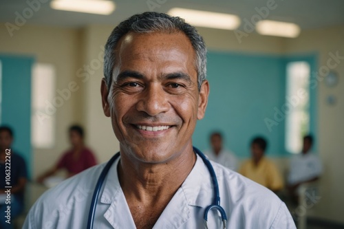 Close portrait of a smiling senior Kiribati man doctor looking at the camera, Kiribati hospital blurred background