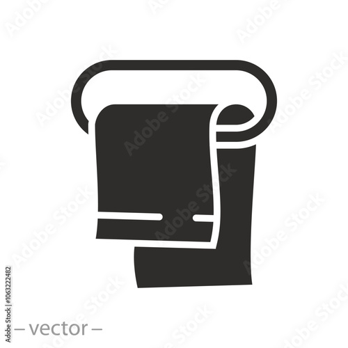hanger with terry cloth, clean bathroom towel on the wall, icon, flat vector illustration