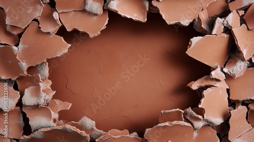 A close-up image of a brown wall with a large, centered hole, revealing uneven, jagged edges and layers, suggesting the passage of time and vulnerability. photo