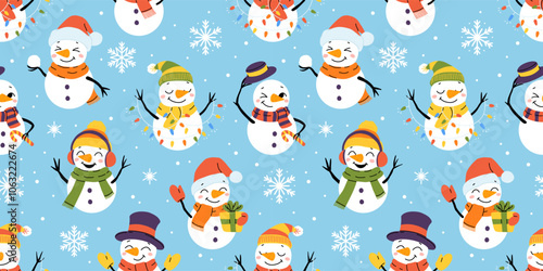 Seamless pattern with Christmas vector cute snowmen in different hats and scarves. New year illustration.