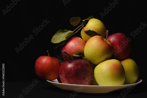 Autumn fresh natural ecologically clean farm apples in a plate. photo