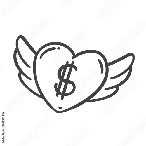 Heart with angel wings and dollar sign line icon. Outline hand drawn delivery of money with love, payment and transaction of currency. Dollar investment mascot, flying heart icon vector illustration