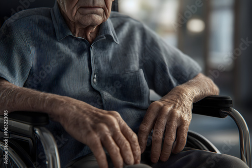 Close-up image of an elderly man sitting in a wheelchair. No face. 