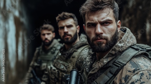 Three soldiers stand alert in tactical gear, exhibiting determination and focus as they navigate through a dimly lit, challenging environment, ready for action. photo