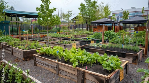 Agriculture scene with community gardens, digital farming tools, and IoT technology photo