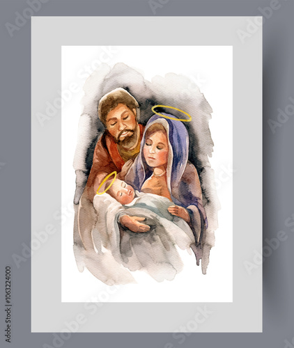 Nativity of Jesus Christ with Virgin Mary holding baby standing near man on poster. Watercolor artwork. Wall art with Christian icon with moment of Christmas of Jesus, in frame with decor for print
