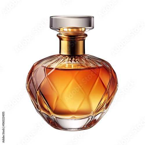 A beautifully faceted perfume bottle with golden hues, showcasing a rounded, vintage-inspired design for a luxurious feel, set against a transparent background photo