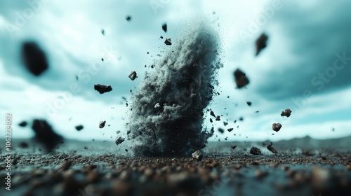 A dramatic explosion sends debris flying against a stormy backdrop, capturing the force and chaos of a powerful natural phenomenon in vivid detail. photo