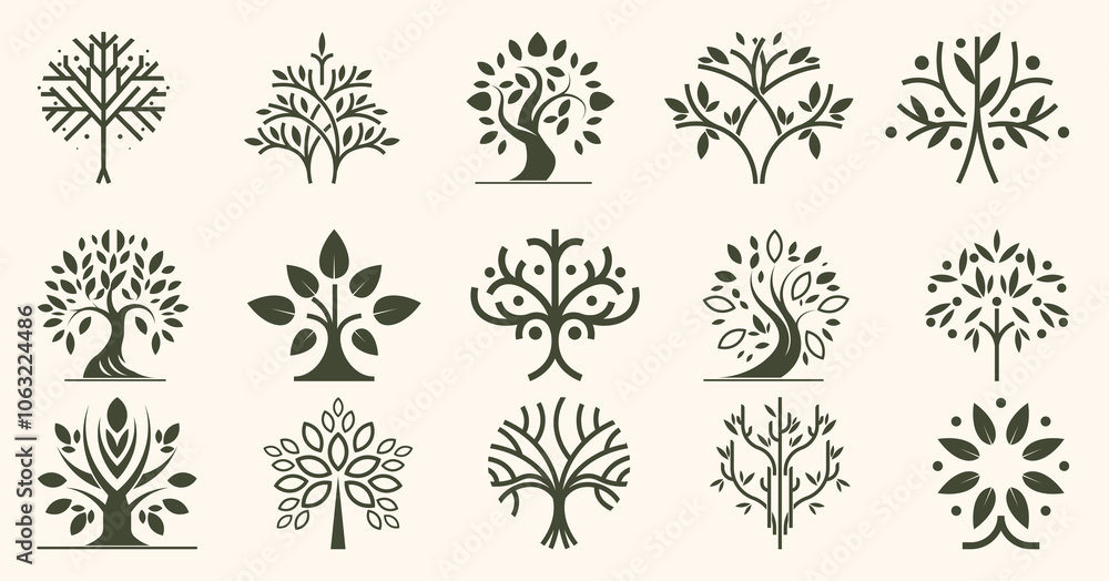 Tree logo. Oak wood icon. Modern forest park of nature green leaf. Environment emblem. Eco fir branch. Lumber trunk symbol. Silhouette botanical element. Vector timber pictograms set Tree logo. Oak wood icon. Modern forest park of nature green leaf. Environment emblem. Eco fir branch. Lumber trunk symbol. Silhouette botanical element. Vector timber pictograms set