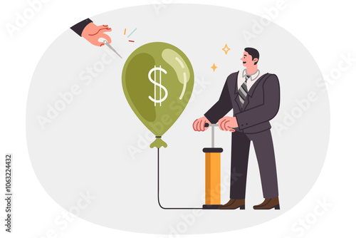 Financial bubble inflated by male investor in business clothes risks exploding due to needle