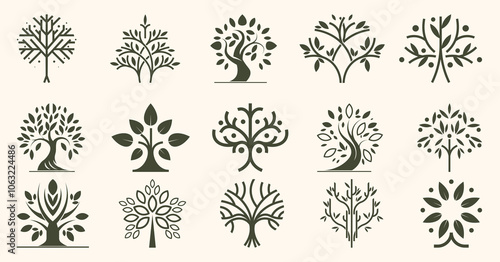 Tree logo. Oak wood icon. Modern forest park of nature green leaf. Environment emblem. Eco fir branch. Lumber trunk symbol. Silhouette botanical element. Vector timber pictograms set