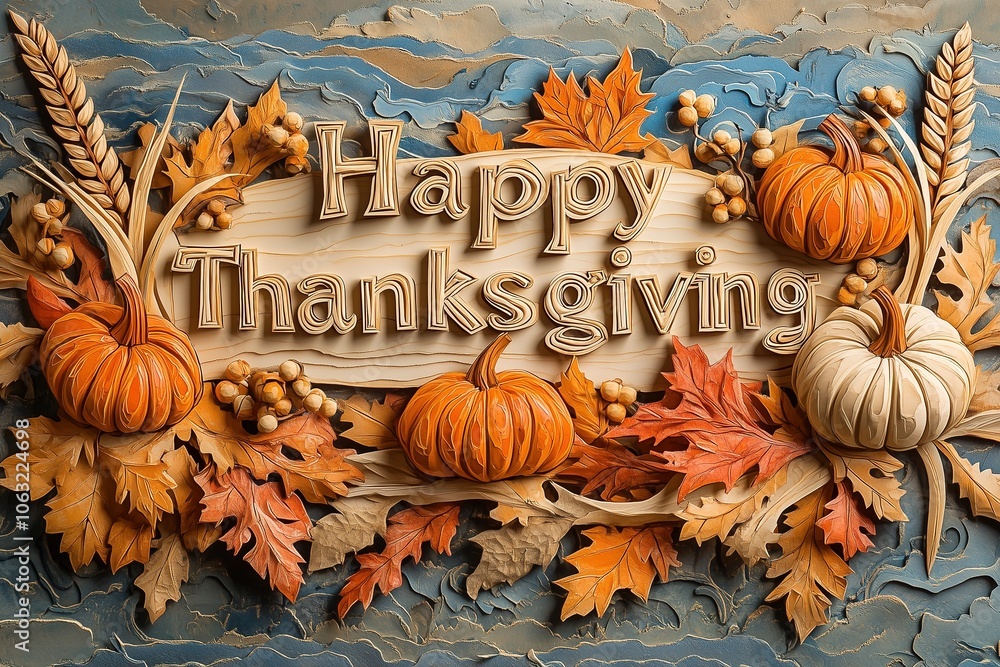 Happy Thanksgiving Banner with Paper-Cut Pumpkins, Wheat, and Maple Leaves on Textured Background Happy Thanksgiving Banner with Paper-Cut Pumpkins, Wheat, and Maple Leaves on Textured Background