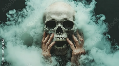 Clasped hands tightly embrace a human skull enveloped in fog, evoking themes of mortality and reflection amid a hauntingly surreal atmosphere of mystery.