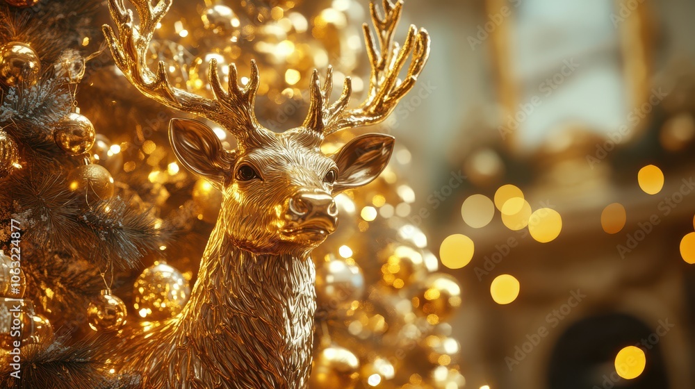 Golden reindeer statue with intricate details, standing elegantly beside a glowing gold-lit Christmas tree in a lavishly decorated room. 4K hyperrealistic photo. Golden reindeer statue with intricate details, standing elegantly beside a glowing gold-lit Christmas tree in a lavishly decorated room. 4K hyperrealistic photo.