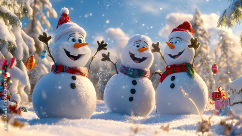 Snowmen celebrating Christmas while wearing Santa hats. photo