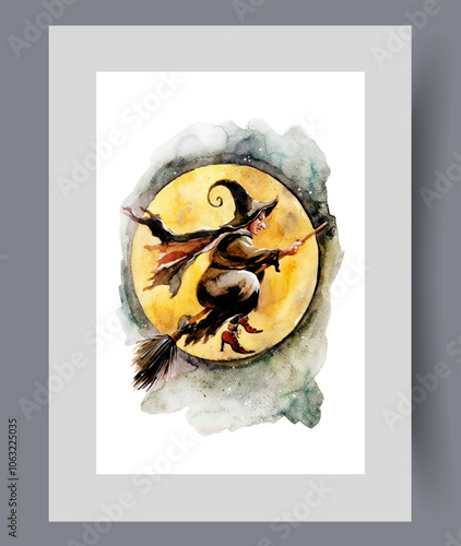 Full moon on Halloween eve with witch flying on broom on wall art. Watercolor artwork. Print with fairy-tale witch soaring in sky and rushing to commit crime, in frame with decor for poster