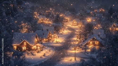 Golden snow-covered village scene with golden rooftops and streetlights, creating a warm, inviting glow on a cold winter night. 4K hyperrealistic photo.