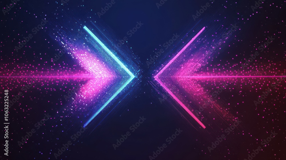 Digital arrows in neon light against a dark. Modern Abstract Background with copy space in the center. Stock market and investment web banner. Low poly wireframe vector illustration Digital arrows in neon light against a dark. Modern Abstract Background with copy space in the center. Stock market and investment web banner. Low poly wireframe vector illustration